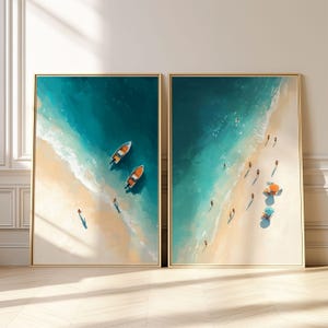 Winzige Leute schwimmen im Ozean Art 2er Set Strand Haus Dekor minimalistischen Küsten Kunstdruck Ocean abstrakte trendige Sommer druckbare Wandkunst