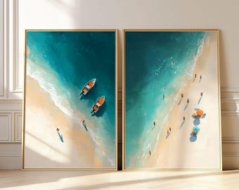 Tiny People Swimming in Ocean Art Set of 2, Beach House Decor, Minimalist Coastal Art Print, Ocean Abstract Trendy Summer Printable Wall Art