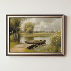 See und Boot Ölgemälde Landschaft Wandkunst DIGITAL PRINTS, Vintage Lake House Wand-Dekor, Cottage Kern druckbare Wandkunst