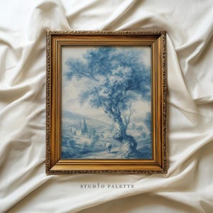 French Blue Tree Sketch Print, Rustic Tree Wall Art, Vintage Nature Prints, Moody French Country Wall Decor, Downloadable Digital Art