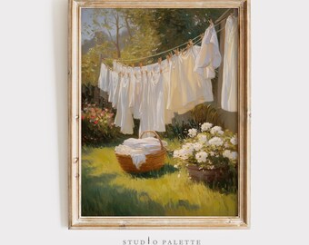 Impresión de flores silvestres de lavandería vintage, arte de paisaje de granja (descarga digital)