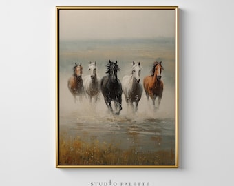 西洋の馬の絵画、馬の群れ、印刷可能な壁アート（デジタルダウンロード