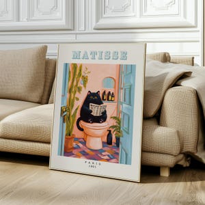 Arte mural de gato negro en el inodoro / Póster de Matisse rosa tropical / Decoración divertida para el baño