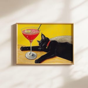 レトロな黒猫のマティーニウォールアートバーカートの装飾カクテル黒猫ヴィンテージ油絵ギフトかわいい黒猫プリントエクレクティックウォールアート