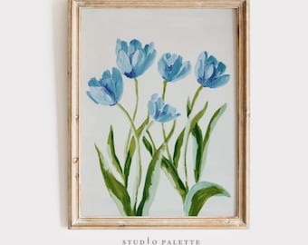 Blue Tulip Floral Print, Grandmillennial Chinoiserie Wall Art (Digital Download)