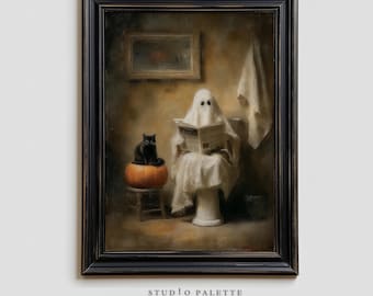 May include: A framed artwork depicts a ghost reading a newspaper while seated on a toilet. A black cat sits atop a pumpkin next to the toilet. The artwork has a vintage, slightly faded aesthetic, with the text "STUDIO PALETTE" at the bottom.