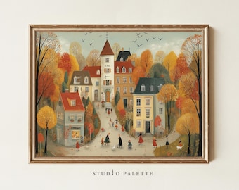 Cozy Fall Wall Art, Cute Autumn Printable, Warm Cottagecore Decor, Village Cityscape Painting, Neutral Thanksgiving Download