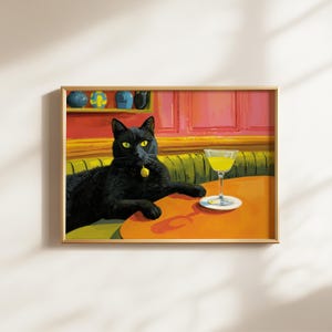 黒猫マティーニウォールアート バーカート装飾 カクテルアート装飾 ヴィンテージ油絵 レトロ 黒猫プリント 折衷的なウォールアート マティーニアートプリント