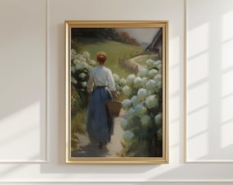 Pintura de hortensias blancas, arte floral vintage de estilo cottagecore (descarga digital)
