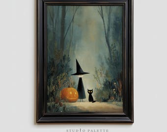 Impresión de Halloween de fantasma y gato negro, decoración de Witchcore (descarga digital)