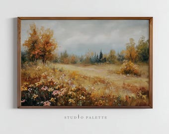 Puede incluir: Pintura de paisaje enmarcada que representa un campo de flores silvestres y árboles en colores otoñales. La obra presenta una paleta cálida de amarillos, naranjas y marrones, con un cielo nublado. El texto "STUDIO PALETTE" está en la parte inferior.