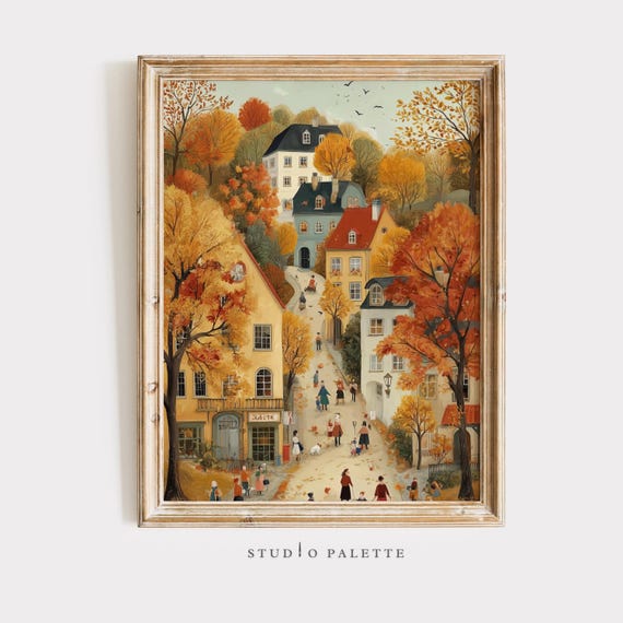 Cozy Fall Printable Wall Art, Cute Autumn Print, Warm Tone Cottagecore Decor, Cozy Village Cityscape Painting, Neutral Thanksgiving Download