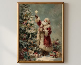 Vintage Santa Christmas Tree Art Print, Classic Holiday Decor (Digital Download)