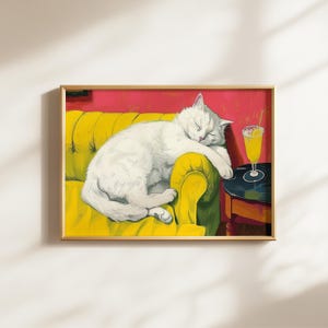 Retro White Cat Martini Wall Art Bar Cart Decor Cocktail Art Gift for Cat Lover Print Home Decor Vintage Cute Cat Poster Aesthetic Wall Art