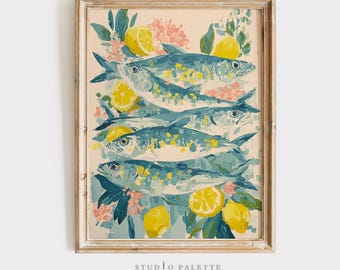 Sardines and Lemons Oil Painting Print, Vintage Kitchen Art (Digital Download)