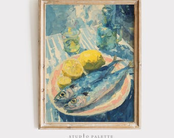 Retro Sardinen und Zitronen Gemälde, Vintage Küche Wandkunst (Digitaler Download)