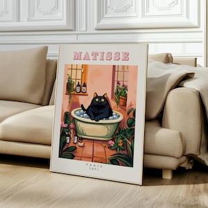 Schwarze Katze in der Badewanne Wandkunst | Lustige Badezimmer Dekor | Katzen Geschenk Dopamin Badezimmer Wandkunst | Poster Matisse | Rosa Tropisches Badezimmer Dekor