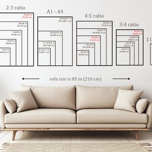 May include: Image showing various print sizes, including 24x36 in, 20x30 in, and 16x24 in, with corresponding cm measurements. The text indicates a sofa size of 85 in (216 cm). A beige sofa is in the foreground.