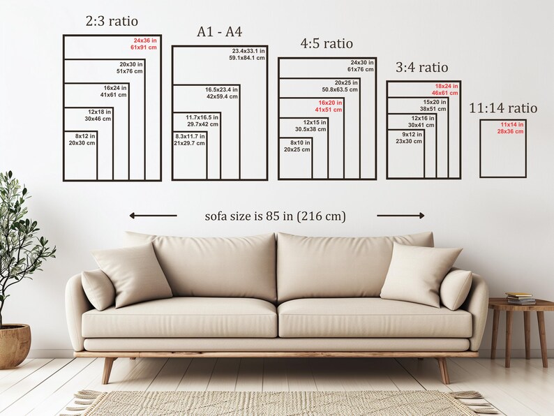 May include: Image showing various print sizes, including 24x36 in, 20x30 in, and 16x24 in, with corresponding cm measurements. The text indicates a sofa size of 85 in (216 cm). A beige sofa is in the foreground.