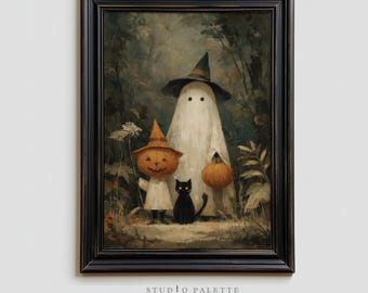 May include: A framed Halloween-themed painting. It depicts a ghost, a figure with a jack-o'-lantern head, and a black cat in a forest setting. The ghost wears a witch hat and holds a pumpkin. The painting has a vintage aesthetic with the text "STUDIO PALETTE" at the bottom.