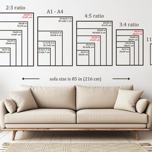 May include: Image showing various print sizes with dimensions in inches and centimeters. The sizes are displayed in different ratios, including 2:3, A1-A4, 4:5, 3:4, and 11:14. A sofa, measuring 85 inches (216 cm), is shown below the print size examples.