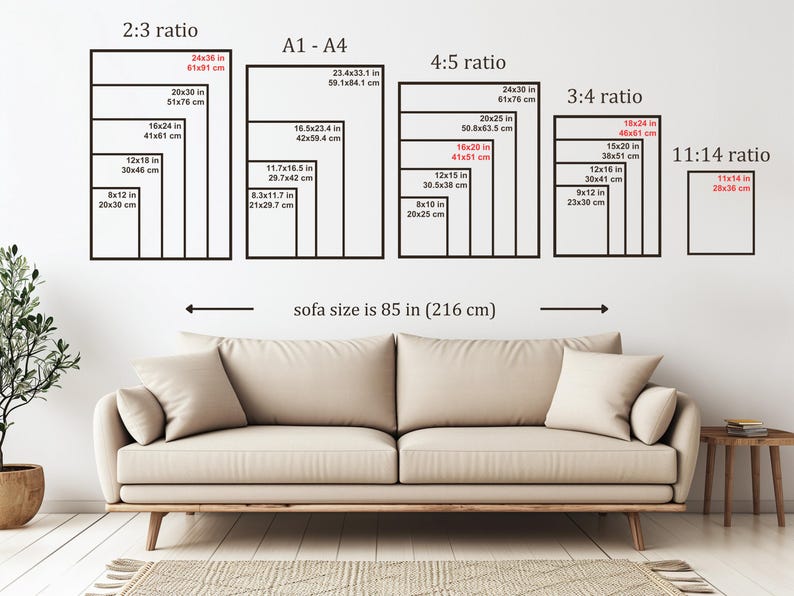 May include: Image showing various print sizes with dimensions in inches and centimeters. The sizes are displayed in different ratios, including 2:3, A1-A4, 4:5, 3:4, and 11:14. A sofa, measuring 85 inches (216 cm), is shown below the print size examples.
