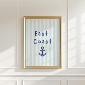 East Coast Blue Striped Wall Art, Preppy Nautical Beach Print, Navy Coastal Decor, Digital Download, Coastal Dorm Room Printable