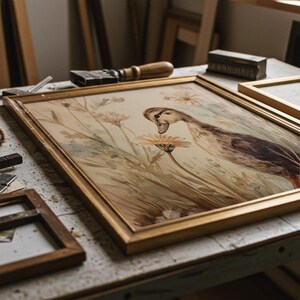 May include: A framed watercolor print of a duck with a long neck, beak down, near a yellow flower. The artwork is in a gold-colored frame. The background shows other frames and tools, suggesting a workshop setting.