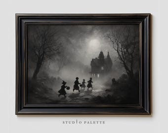 Affiche vintage d'Halloween représentant une maison hantée, art mural gothique effrayant (téléchargement numérique)