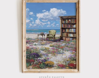 May include: A framed art print showing a beach scene with a bookshelf, chair, and table. The artwork features a blue sky with clouds, a sandy beach, and colourful wildflowers. The text "STUDIO PALETTE" is at the bottom of the print.