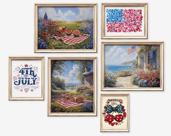 Juego de 6 impresiones artísticas para pared del Día de la Independencia, arte imprimible del 4 de julio, decoración patriótica vintage, bandera estadounidense imprimible, póster estadounidense, pintura de EE. UU.