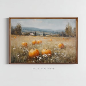 Pumpkin Field Vintage Painting Wall Art, Moody Autumn Landscape, Fall Pumpkin Art, Farmhouse Pumpkin Decor, Warm Toned Cottage Printable