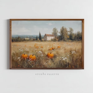Pumpkin Field Wall Art, Vintage Fall Pumpkin Painting, Moody Autumn Landscape Print, Farmhouse Decor, Warm Cottagecore Printable