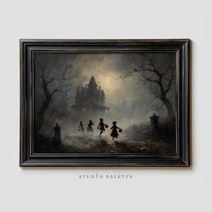 Lámina artística de Halloween de Haunted Manor, decoración de pared gótica vintage, estética otoñal espeluznante, imprimible de Dark Academia, descarga digital de otoño