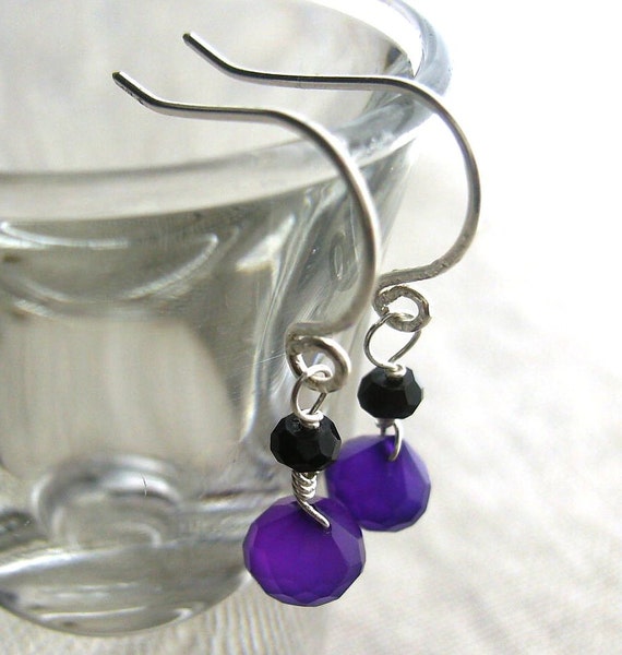 Items similar to Onyx and Chalcedony Sterling Silver Earrings - Purple ...