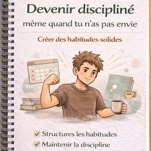 Peut inclure: Un guide de développement personnel intitulé "Devenir discipliné" avec une illustration de dessin animé d'un homme qui se muscle. Le guide comprend du texte en français sur la construction d'habitudes solides. La couverture présente également un calendrier, une tasse de café et une liste de points clés.