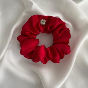 Red Satin Scrunchie – Handmade Regular-Size Hair Tie – Snap-On Elegant Hair Accessory – Romantic Coquette Gift for Her