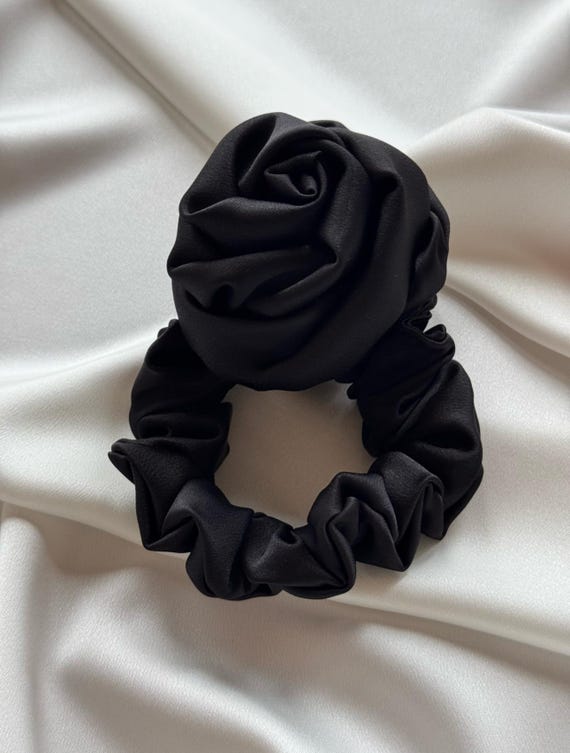 Black Satin Scrunchie With Rose – Detachable - Handmade Snap  display picture 3