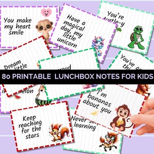 Peut inclure: Ensemble de 80 notes imprimables pour boîtes à lunch pour enfants, chacune avec un design unique et un message positif. Les notes présentent des illustrations colorées d'animaux et de personnages, avec des phrases comme "You make my heart smile" et "Keep reaching for the stars".