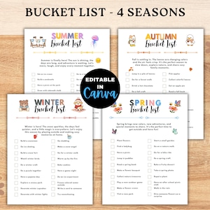 Peut inclure: Quatre listes de contrôle saisonnières imprimables. Chaque liste est décorée de graphiques saisonniers et comprend une liste d'activités. Le haut de l'image indique "BUCKET LIST - 4 SEASONS". Les listes sont étiquetées "SUMMER", "AUTUMN", "WINTER" et "SPRING".