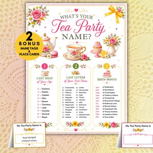 May include: A What's Your Tea Party Name game sign featuring floral illustrations, a teapot, teacup, and cupcake. It includes three columns for age, first name, and birth month, plus two name tag cards with pink and yellow floral accents.