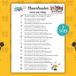 May include: A white paper featuring the title "Cheerleader Pass the Prize" and a poem with game instructions. The image includes illustrations of cheerleaders and pom-poms, with the text "3 Sizes" in a teal circle.