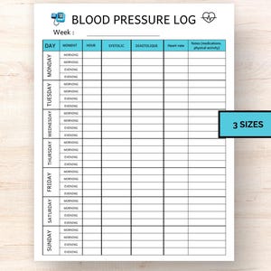 Peut inclure: Une feuille de suivi de la tension artérielle blanche avec un en-tête bleu indiquant "BLOOD PRESSURE LOG". La feuille comprend des sections pour le jour, le moment, l'heure, la systole, la diastole, la fréquence cardiaque et les notes. Le texte "3 SIZES" est dans un encadré bleu.