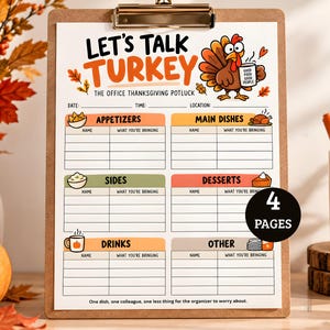 Puede incluir: Un portapapeles con una hoja de registro impresa para una comida de Acción de Gracias titulada Let's Talk Turkey. El documento incluye secciones para aperitivos, platos principales, guarniciones, postres, bebidas y otros.