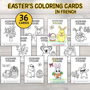 Peut inclure: Ensemble de 36 cartes de coloriage de Pâques en français. Les illustrations incluent des lapins, des poussins et des œufs de Pâques. Idéal pour les activités créatives des enfants.