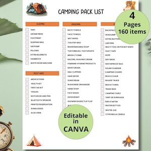 Printbare checklist voor kamperen, paklijst voor camper- en tentreizen, kindvriendelijke kampeerbenodigdheden en organizer
