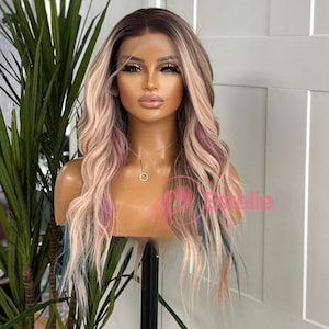 Rooted Light Pink Lace Front Wig: Blue & Dark Pink Lowlights | Heat Safe