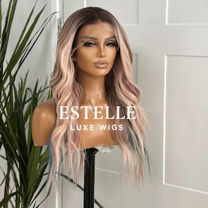 Rooted Light Pink Wig with Blue & Dark Pink Lowlights | Mid-Length Wavy Lace Front Synthetic Wig | 13x4 Lace | Heat Safe
