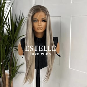 26&quot; Balayage Lace Front Wig: Ash Brown Root Melt, Heat-Safe Blonde