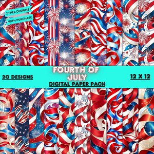 4th Of July American Patriotic Digital Paper Pack 20 Unique Designs 300 DPI PNG Instant Digital Download Scrapbooking 12x12 Commercial Use